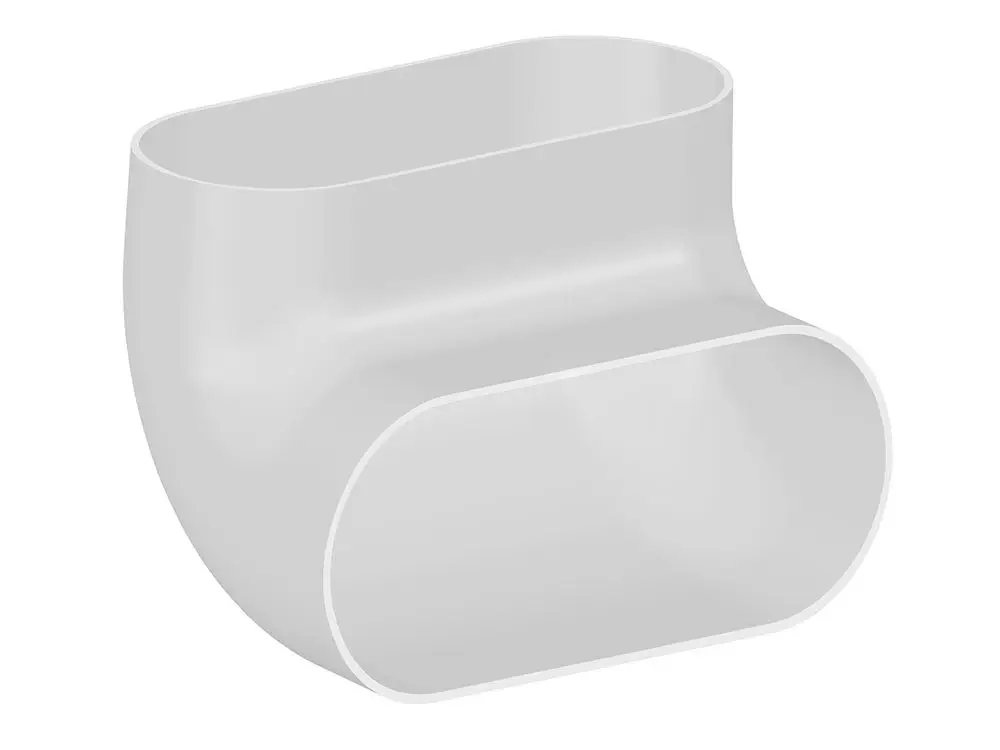 Weißer Bogen mit ovaler Form, geeignet für den Luftkanalbau. Hergestellt von Fränkische, zur Verbindung von Lüftungsrohren in einem 90-Grad-Winkel.